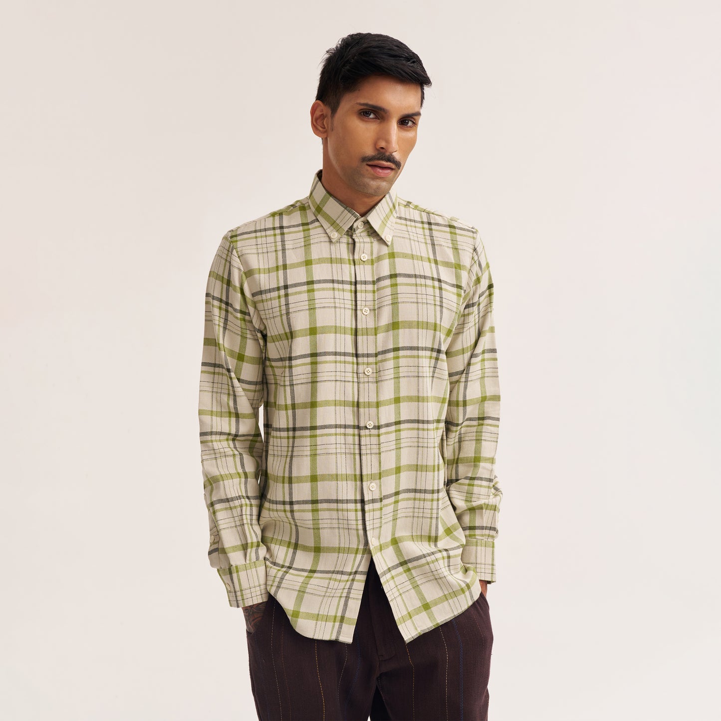 Back view of off white and green check cotton shirt