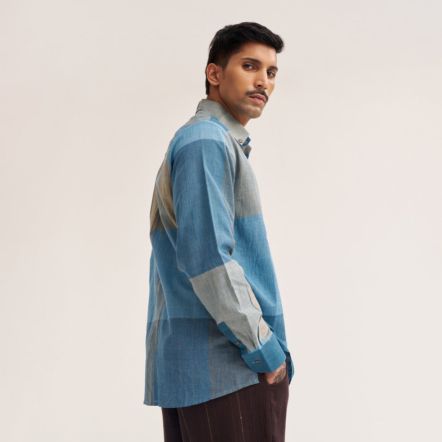 Indigo colour block shirt in handwoven cotton fabric
