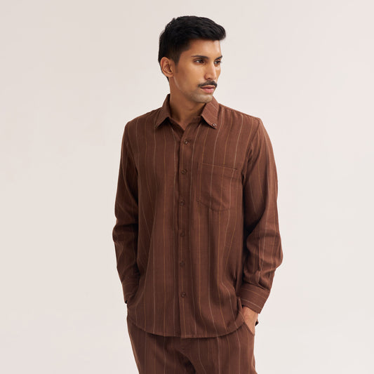 Regular fit rust brown multi colour stripe handwoven cotton shirt front view