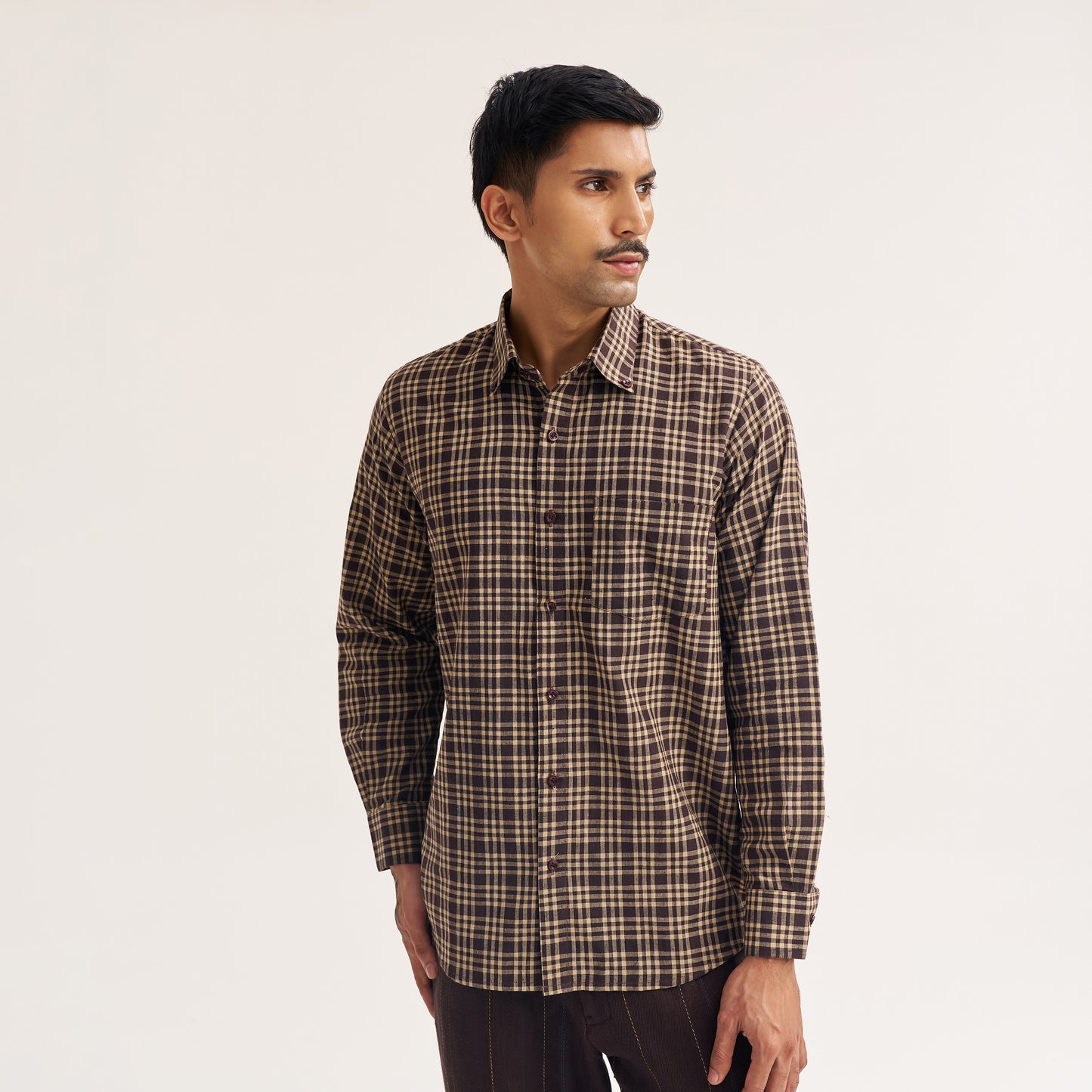 REGULAR FIT DARK BROWN CHECK COTTON SHIRT