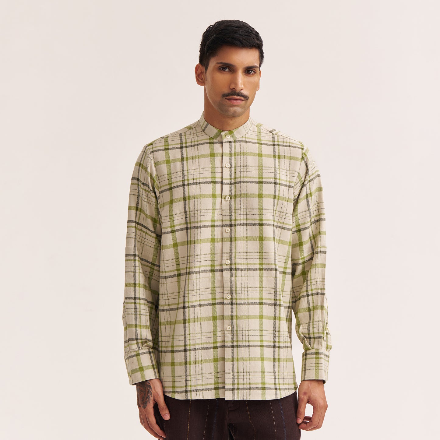 Off white and green check band collar handwoven cotton shirt front view