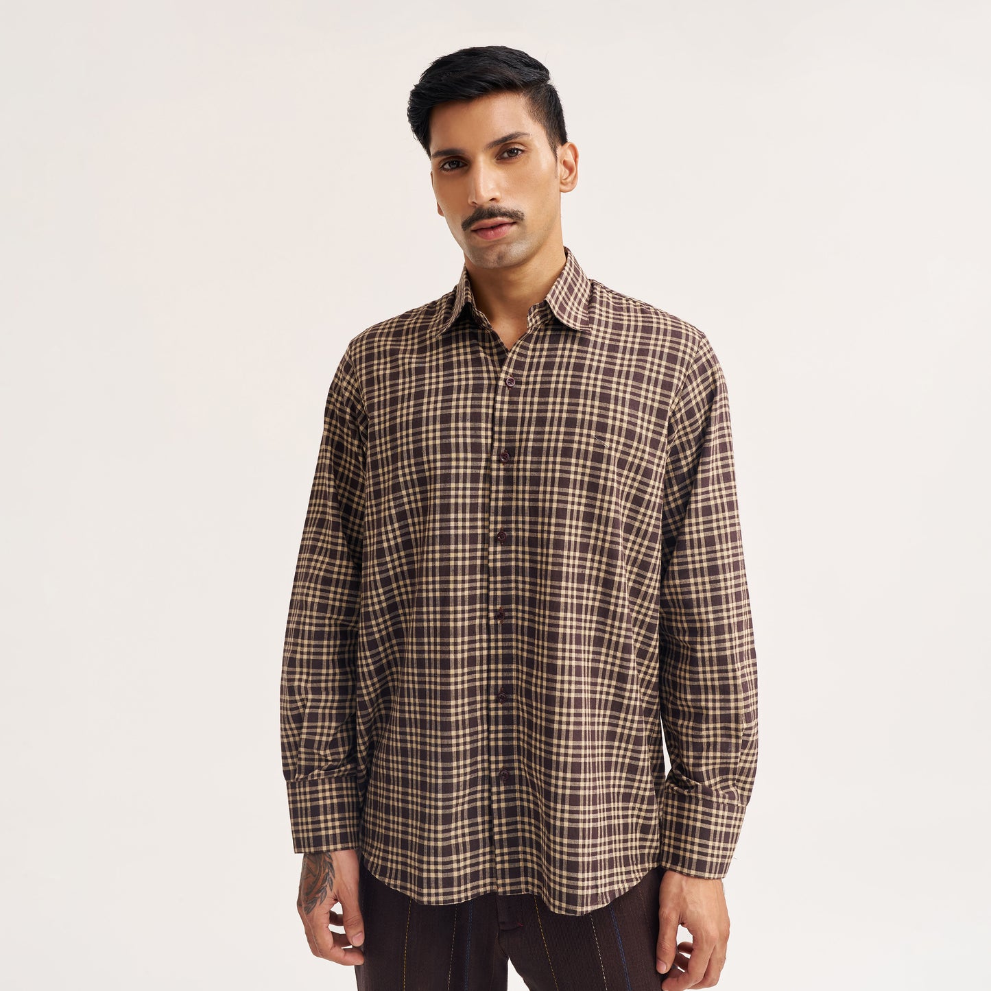 Relaxed fit dark brown check handwoven cotton shirt front view