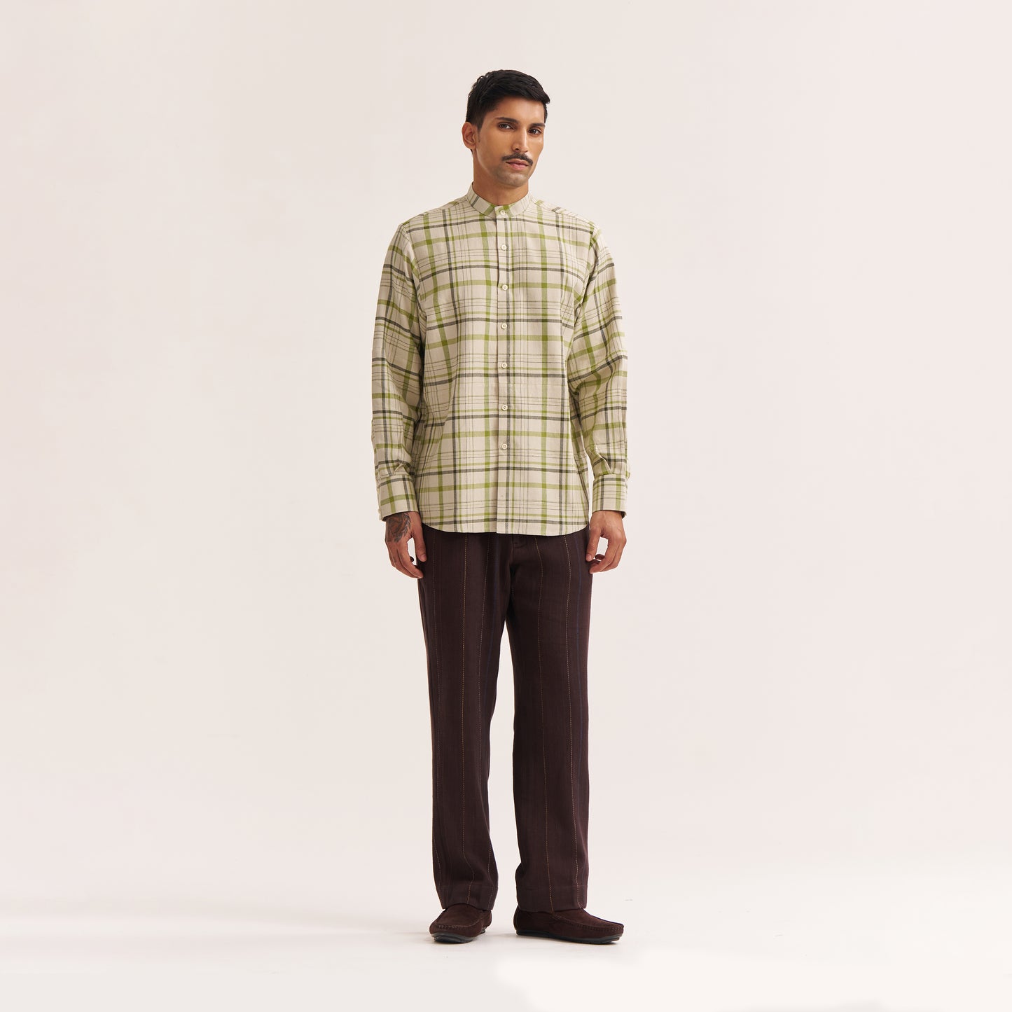 Handwoven cotton shirt with green and off white checks