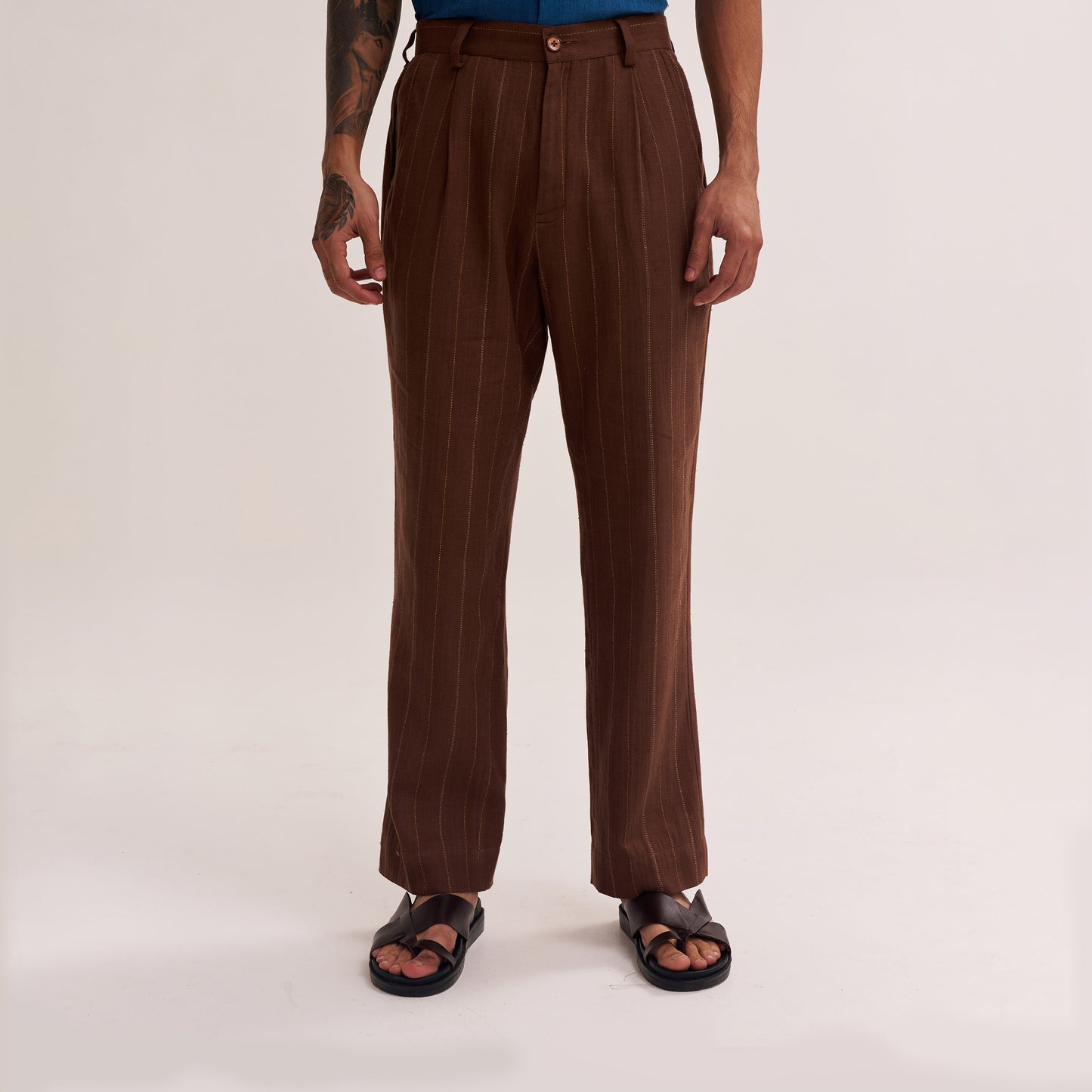 STRAIGHT-FIT RUST BROWN MULTI COLOUR STRIPES HANDWOVEN COTTON TROUSERS
