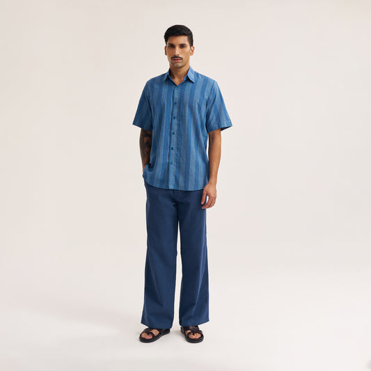 Regular fit indigo stripe half sleeve handwoven cotton shirt front view