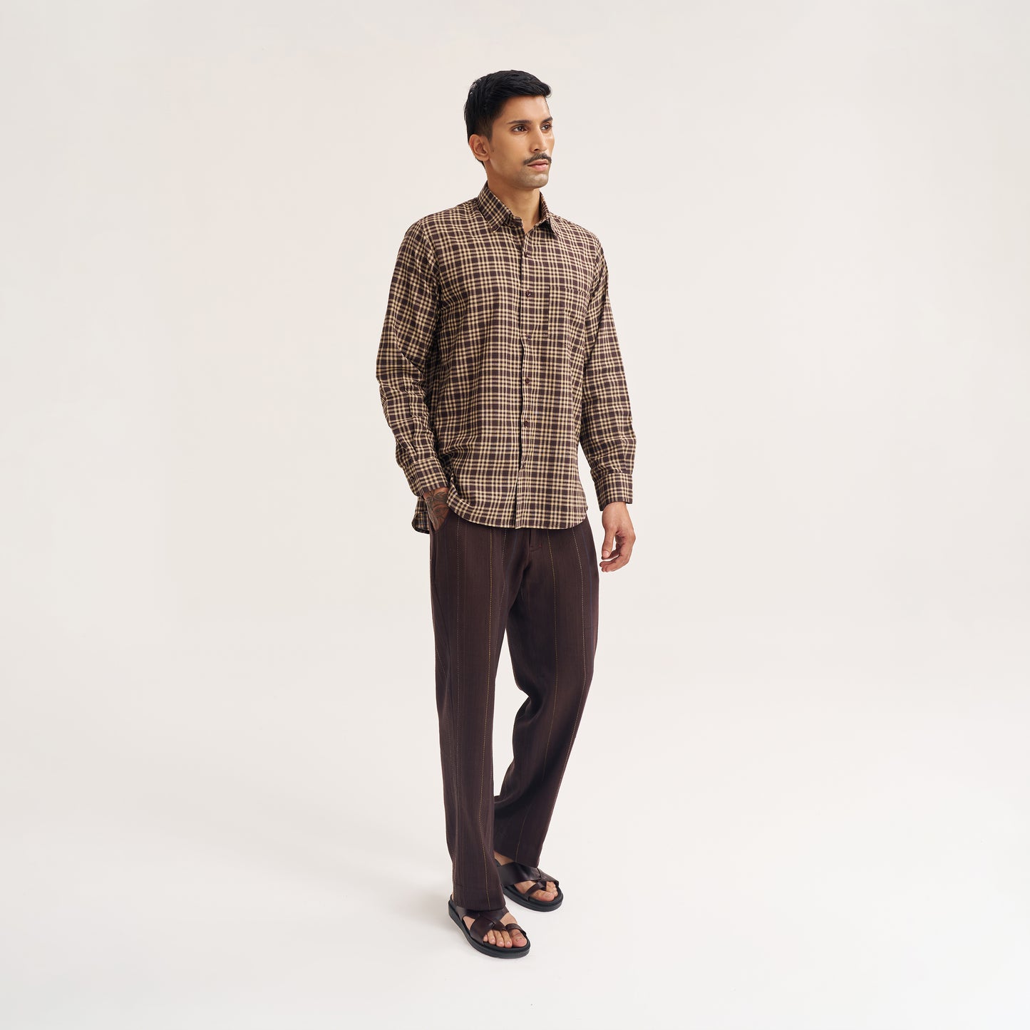 REGULAR FIT DARK BROWN CHECK COTTON SHIRT