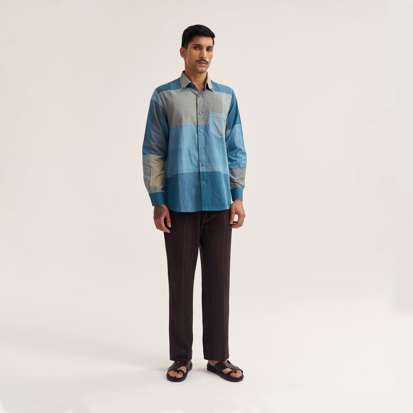 REGULAR FIT INDIGO COLOUR BLOCK HANDWOVEN COTTON SHIRT