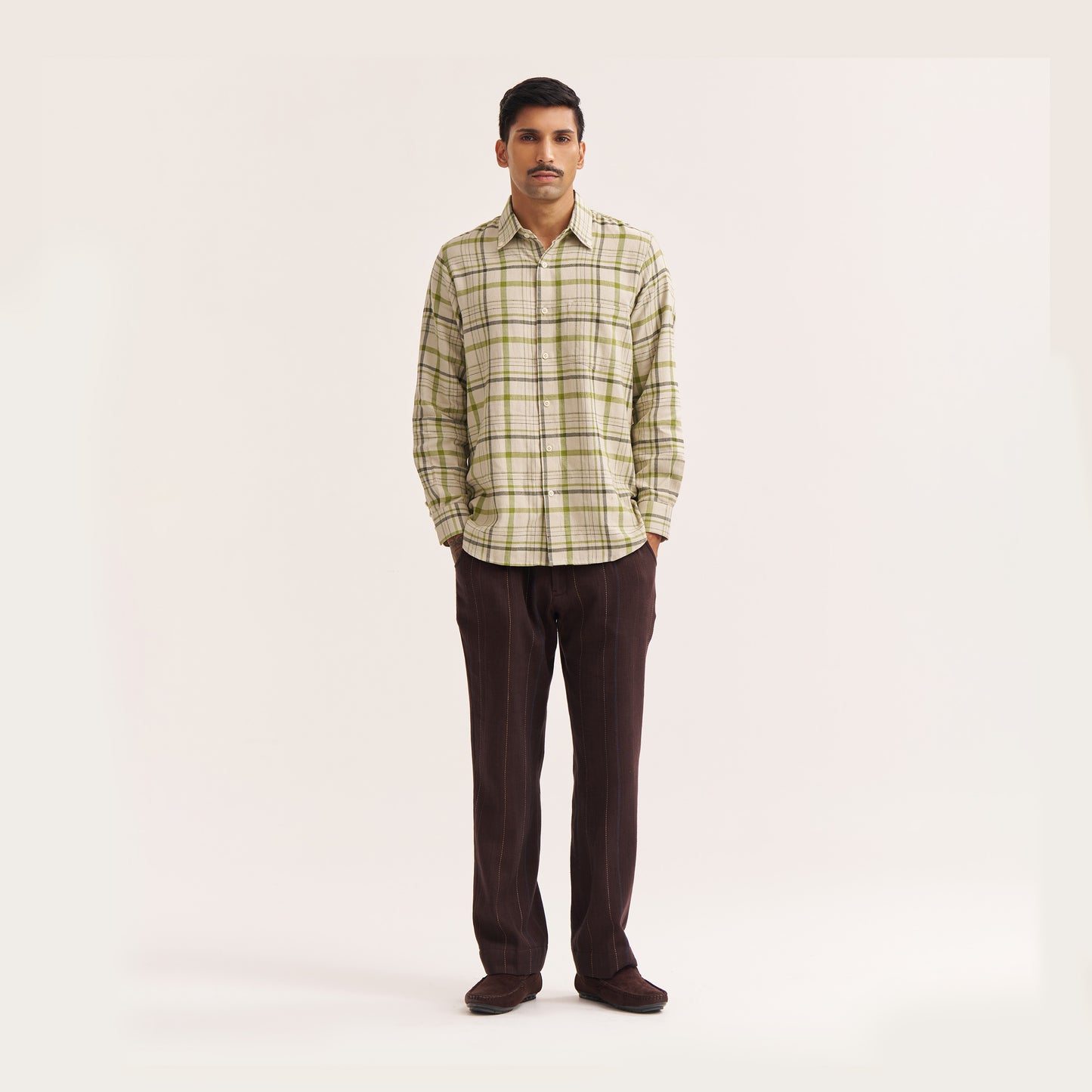 Regular fit off white and green check cotton shirt front view