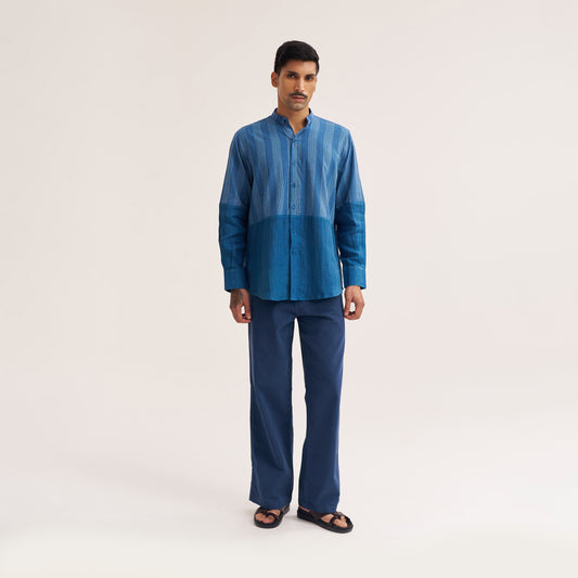 Relaxed fit indigo patchwork handwoven cotton shirt front view