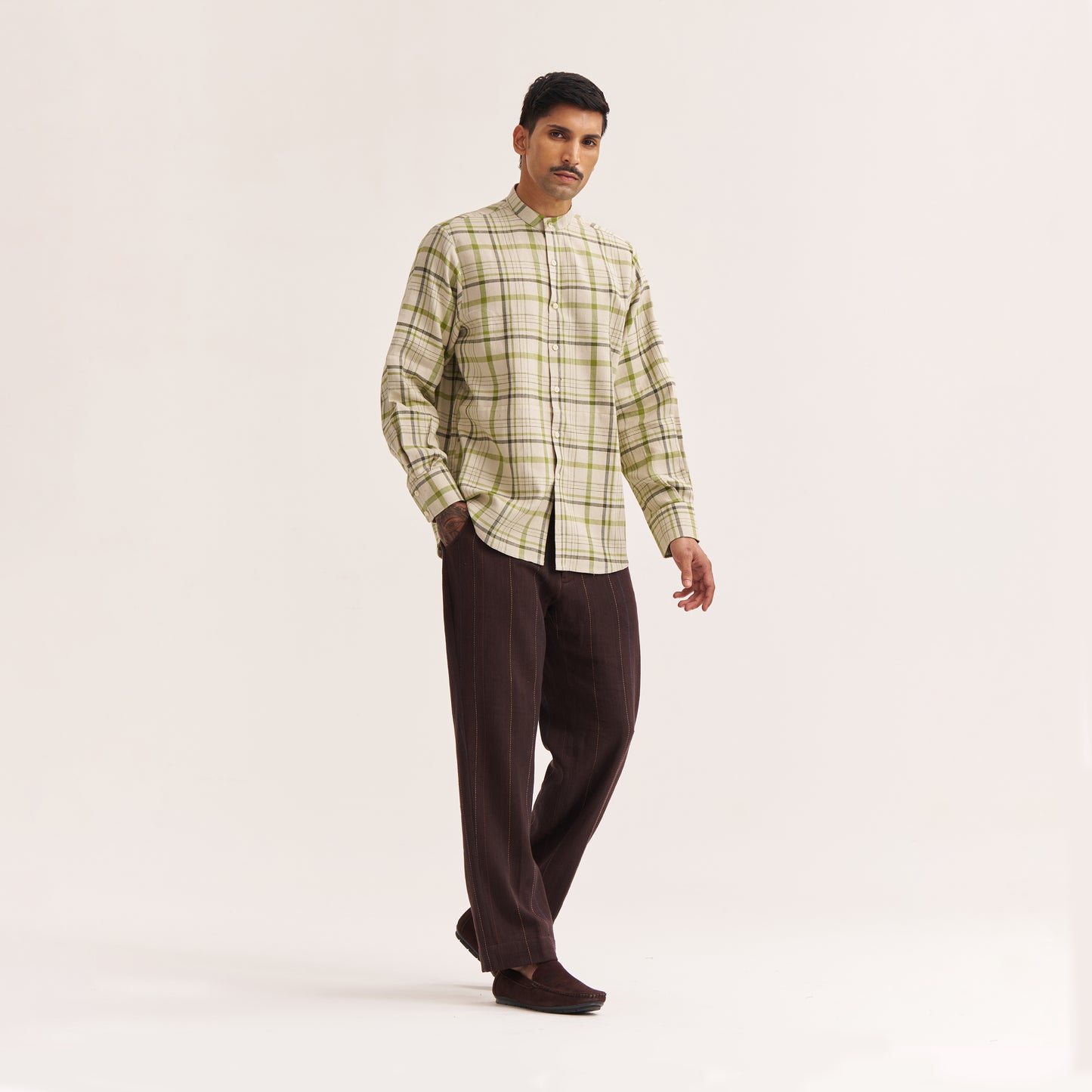 Men's band collar shirt in off white and green checks