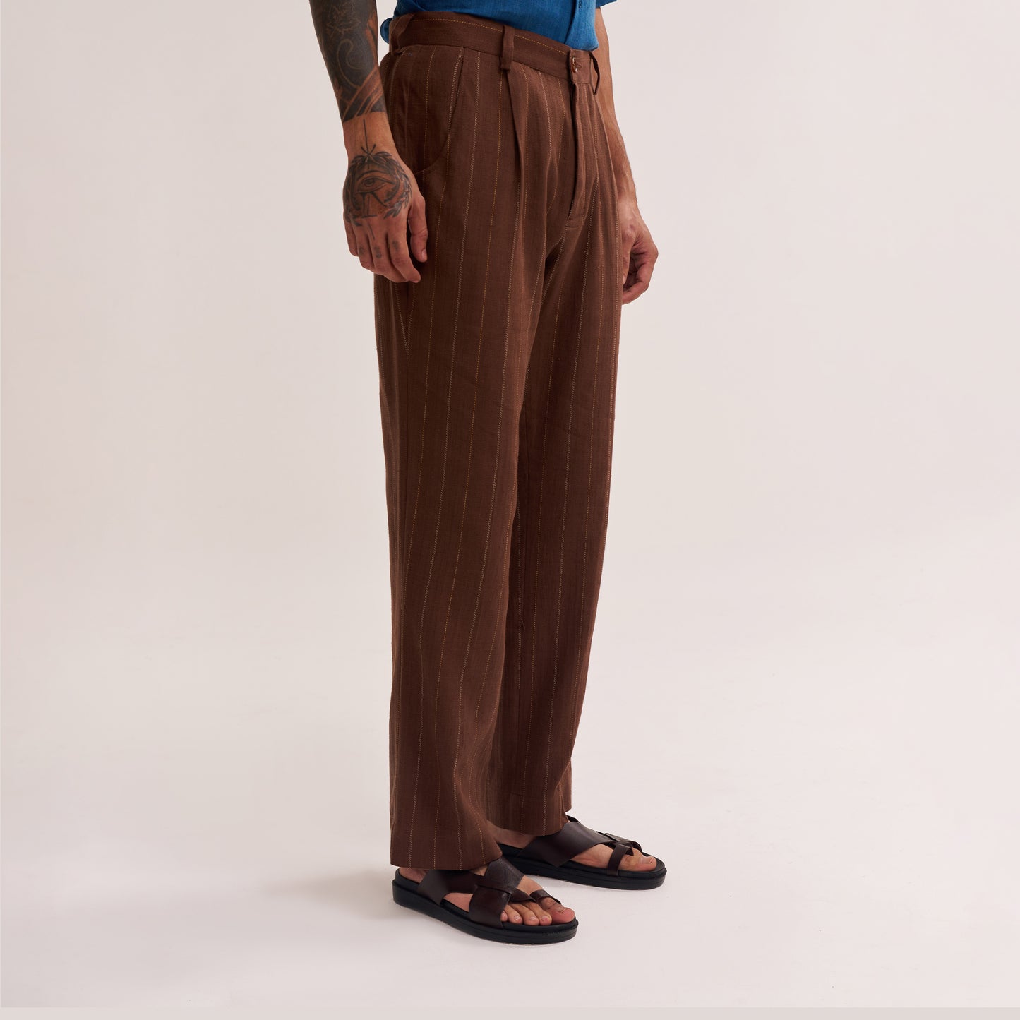 STRAIGHT-FIT RUST BROWN MULTI COLOUR STRIPES HANDWOVEN COTTON TROUSERS