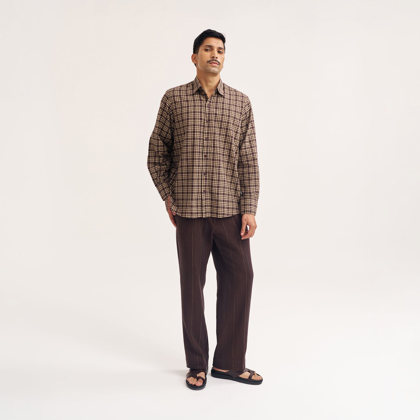 Handwoven cotton shirt with dark brown checks