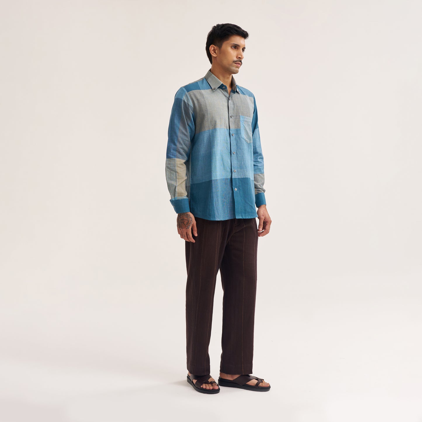 REGULAR FIT INDIGO COLOUR BLOCK HANDWOVEN COTTON SHIRT