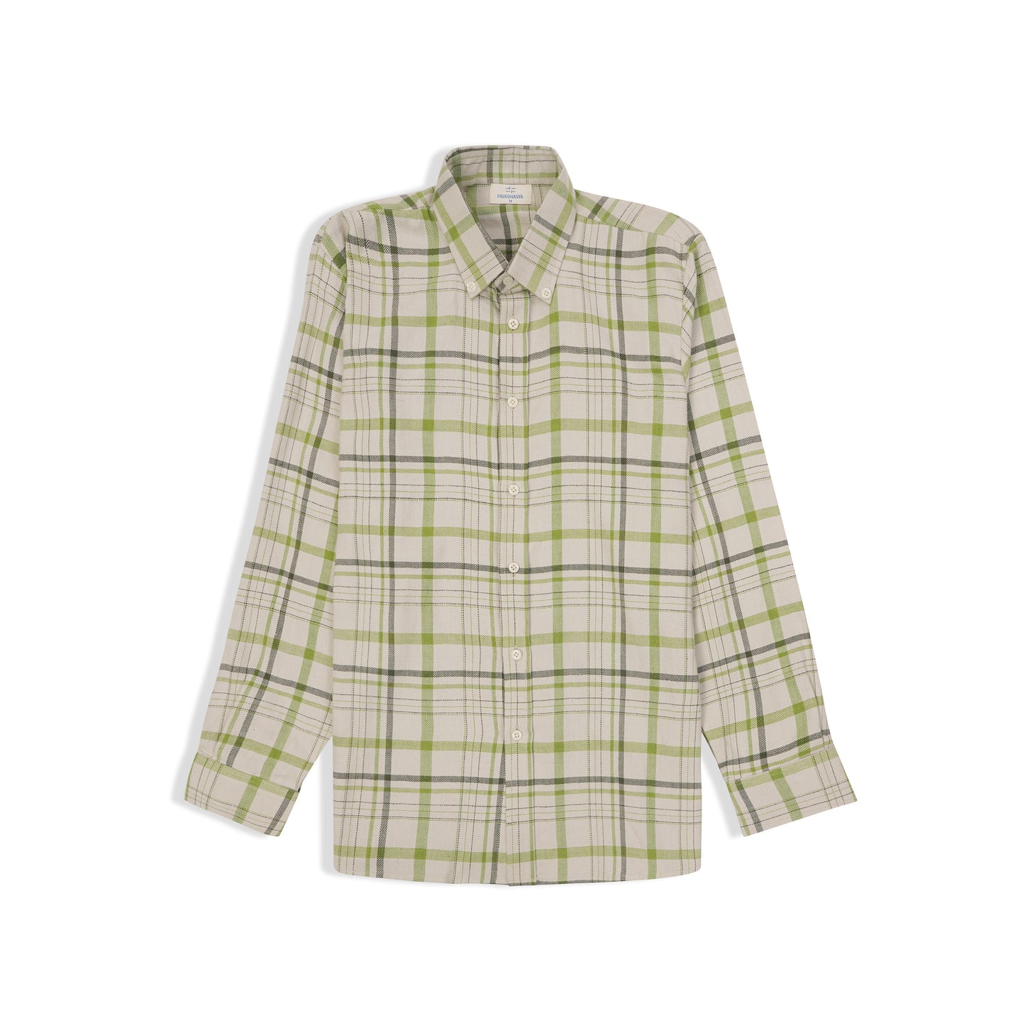 Close-up of checkered cotton fabric in off white and green