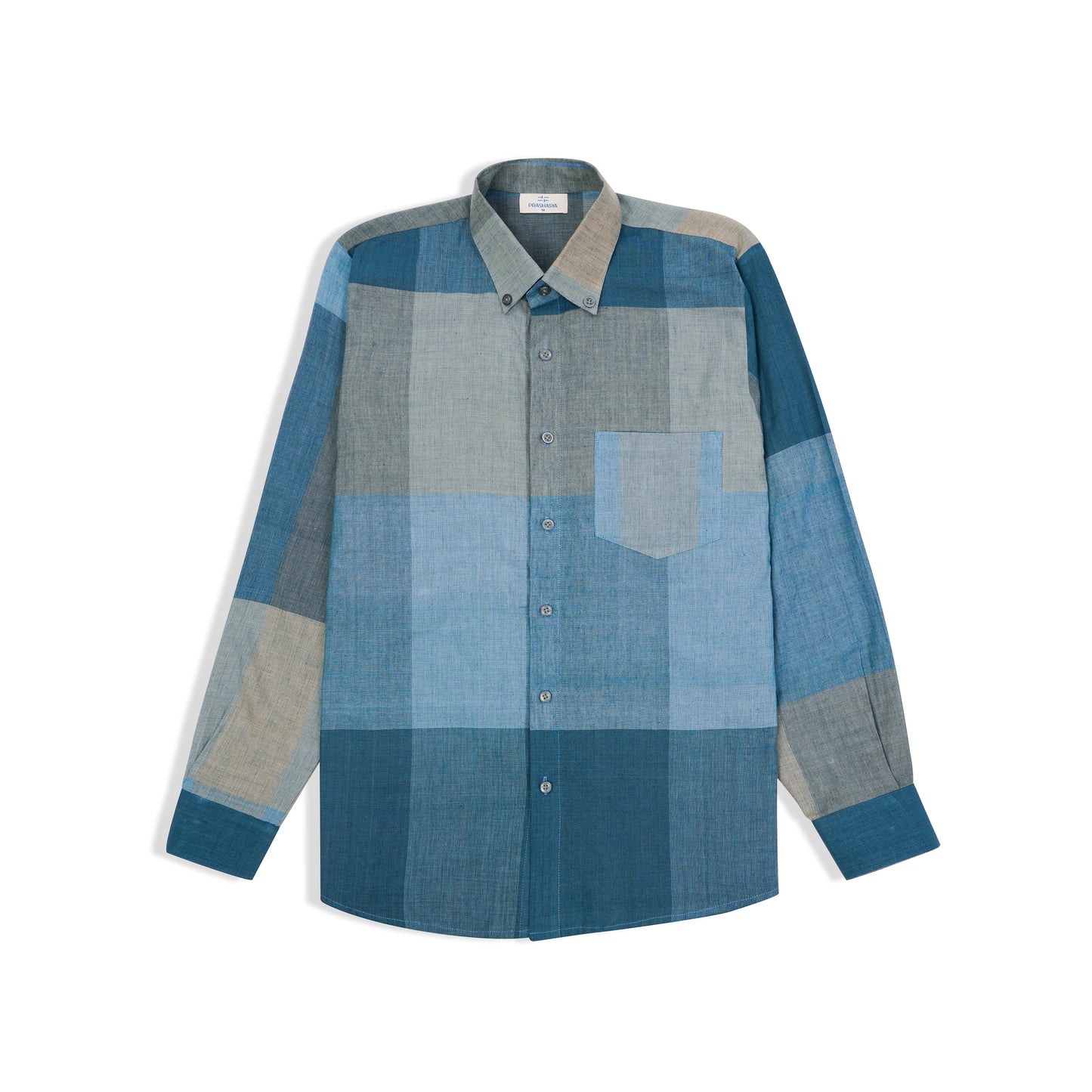 REGULAR FIT INDIGO COLOUR BLOCK HANDWOVEN COTTON SHIRT