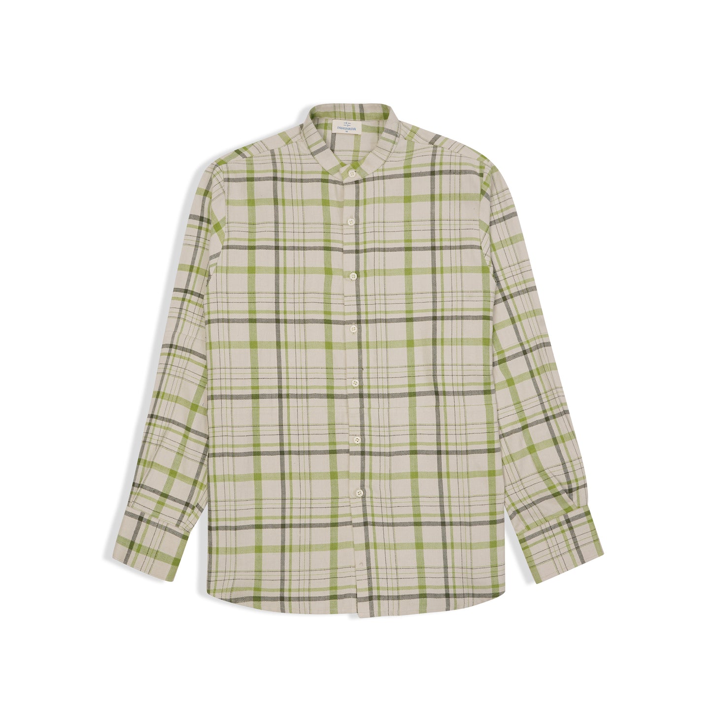 Lightweight band collar cotton shirt with checks