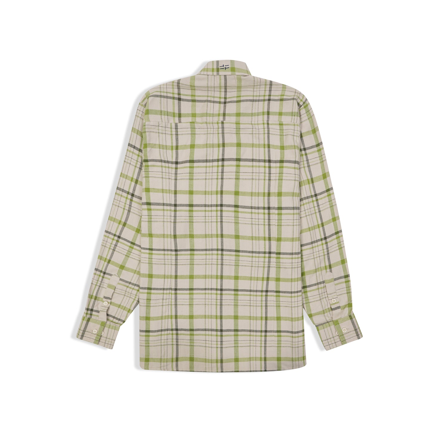 Sleeve and cuff detail of off white and green cotton shirt