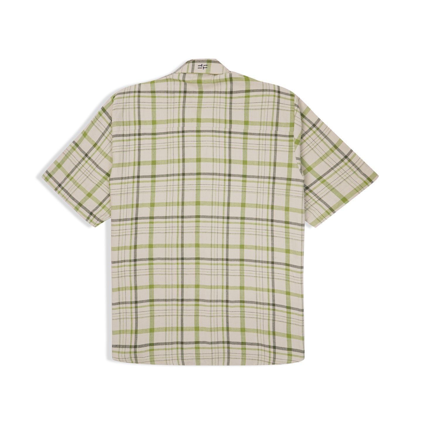 Collar and button detail of green check handwoven cotton shirt