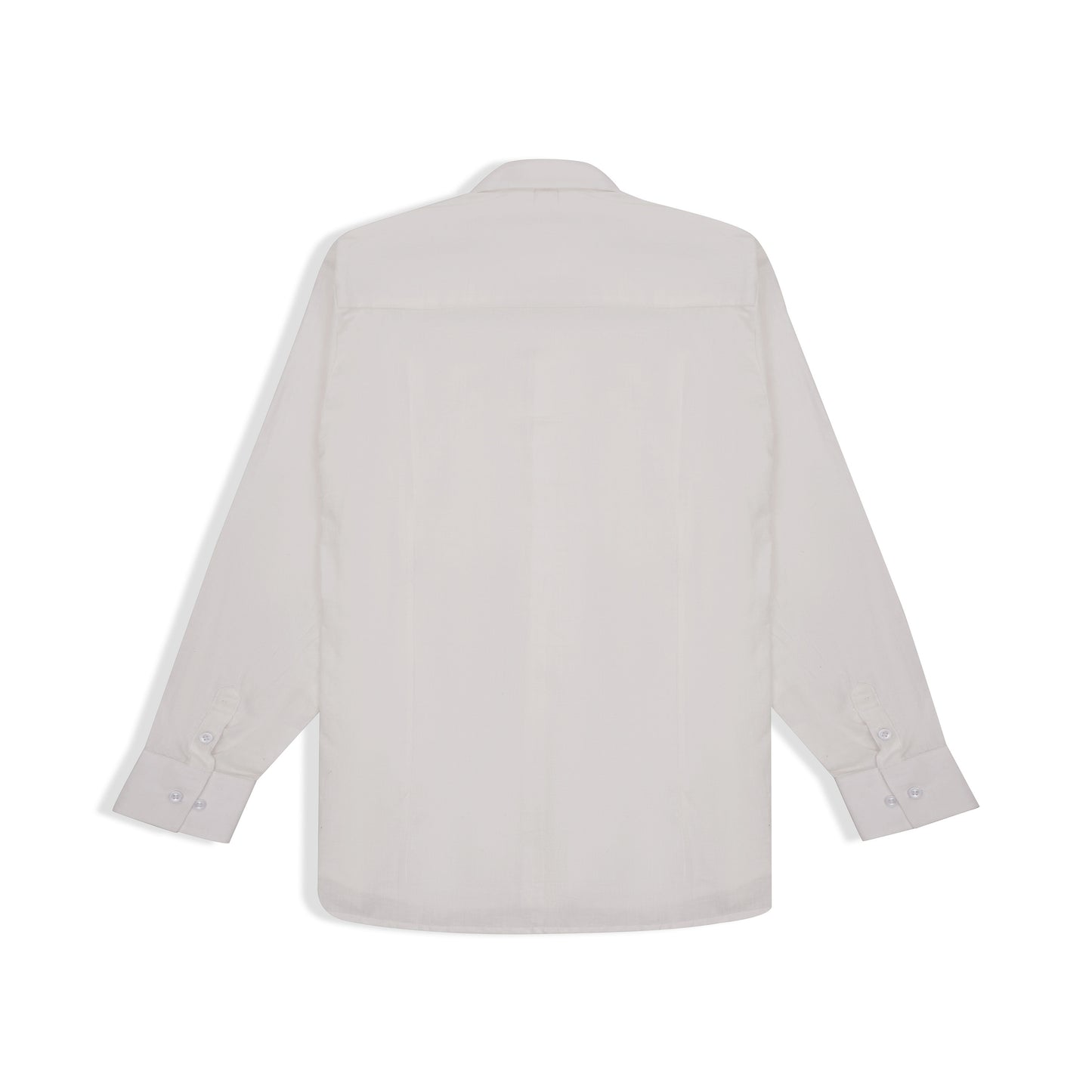 Side profile of white handwoven cotton shirt on model