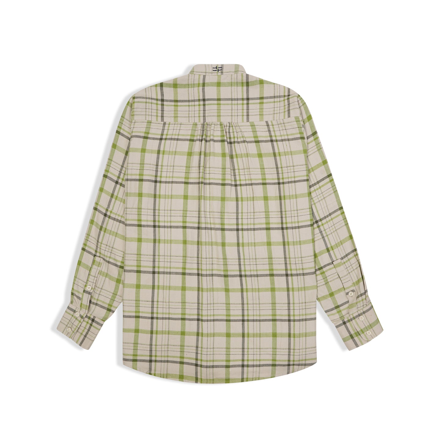Back view of off white and green check band collar shirt