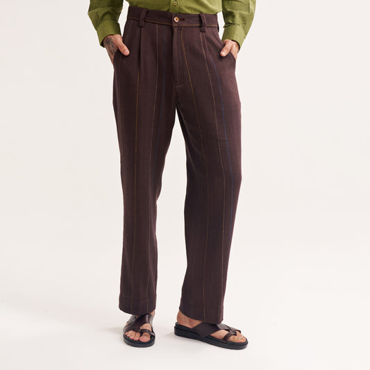 Front view of dark brown stripe handwoven khadi cotton trousers