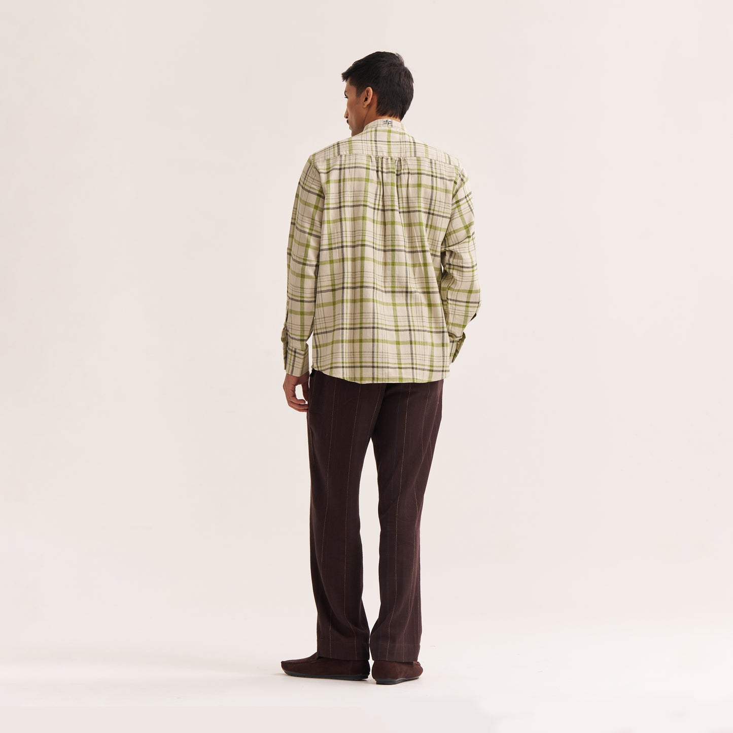 Full sleeve handwoven shirt in green and off white checks