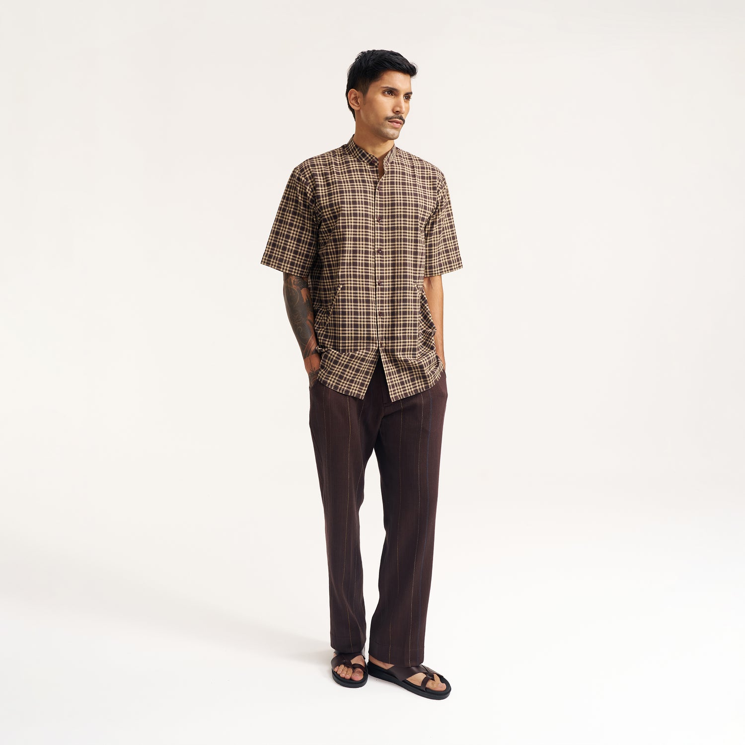 Casual styling of dark brown handwoven cotton shirt