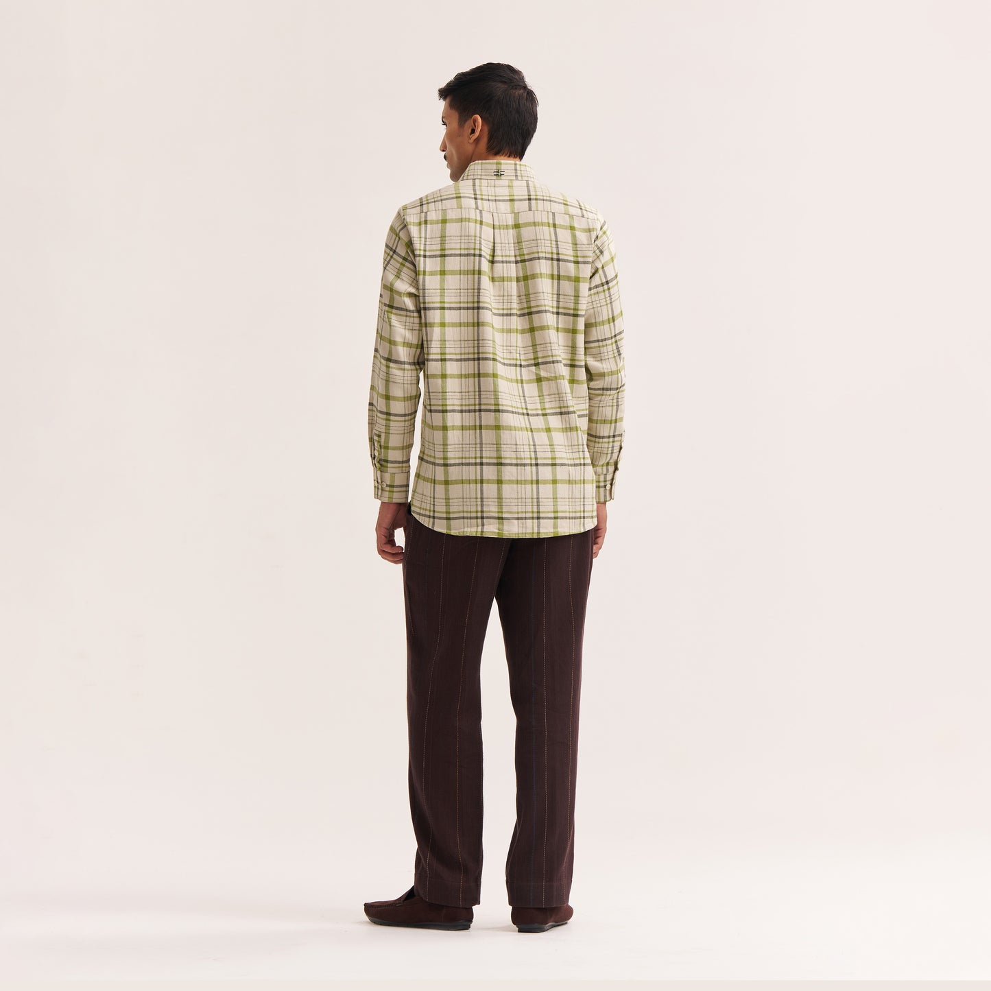 Casual outfit with off white and green check cotton shirt
