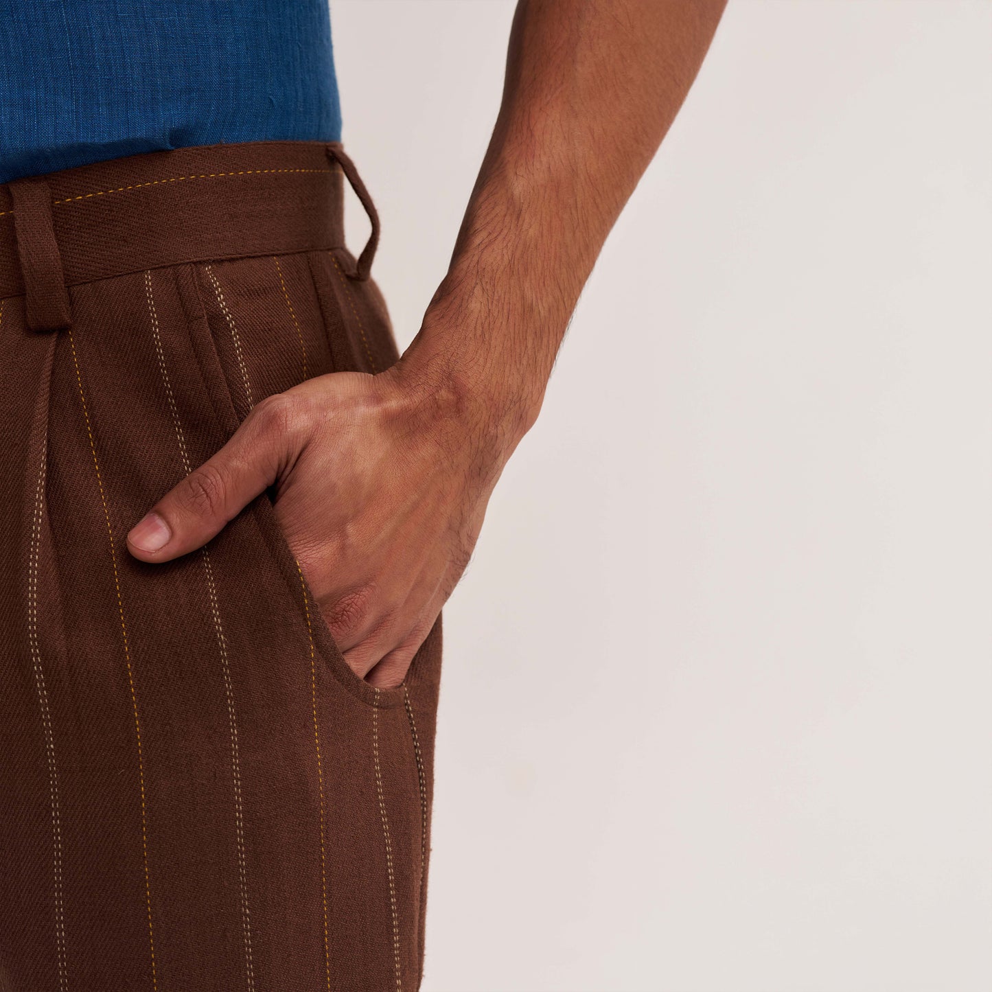 STRAIGHT-FIT RUST BROWN MULTI COLOUR STRIPES HANDWOVEN COTTON TROUSERS