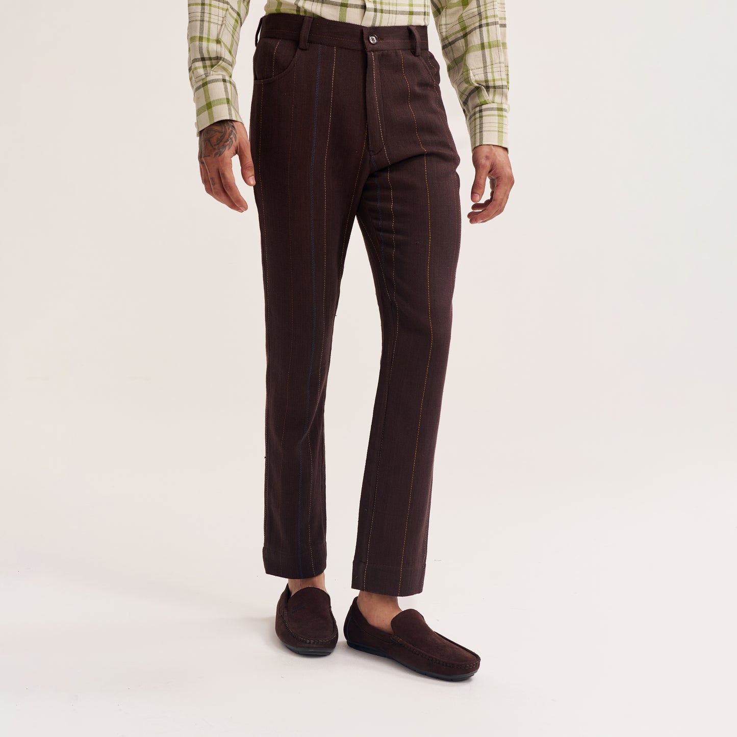 TAPERED FIT DARK BROWN MULTI COLOUR STRIPE HANDWOVEN COTTON TROUSERS