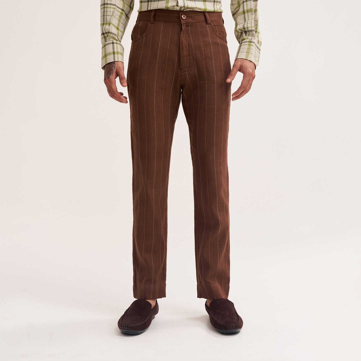 TAPERED FIT RUST BROWN MULTI COLOUR STRIPE HANDWOVEN COTTON TROUSERS