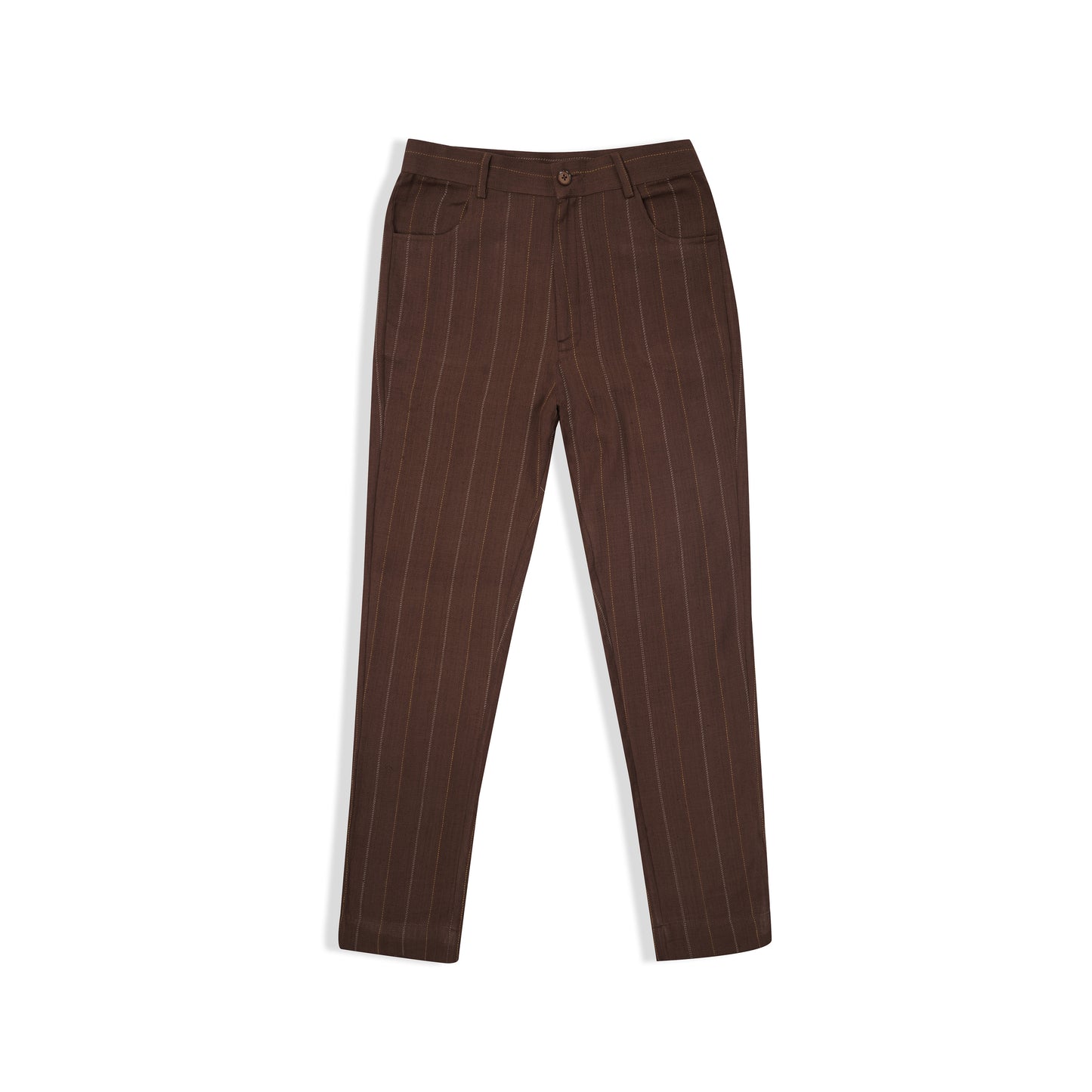 TAPERED FIT RUST BROWN MULTI COLOUR STRIPE HANDWOVEN COTTON TROUSERS