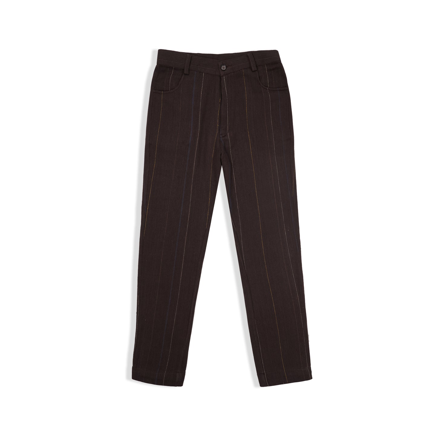TAPERED FIT DARK BROWN MULTI COLOUR STRIPE HANDWOVEN COTTON TROUSERS