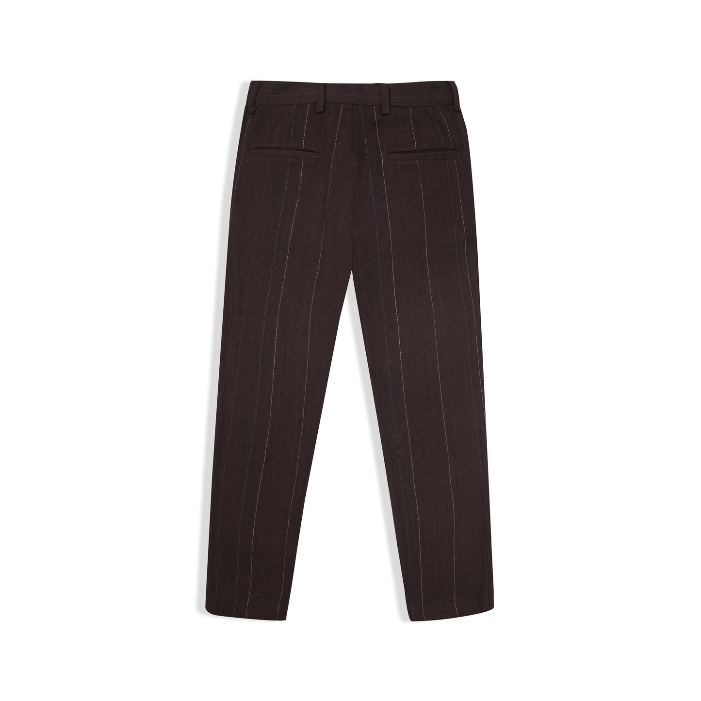 TAPERED FIT DARK BROWN MULTI COLOUR STRIPE HANDWOVEN COTTON TROUSERS