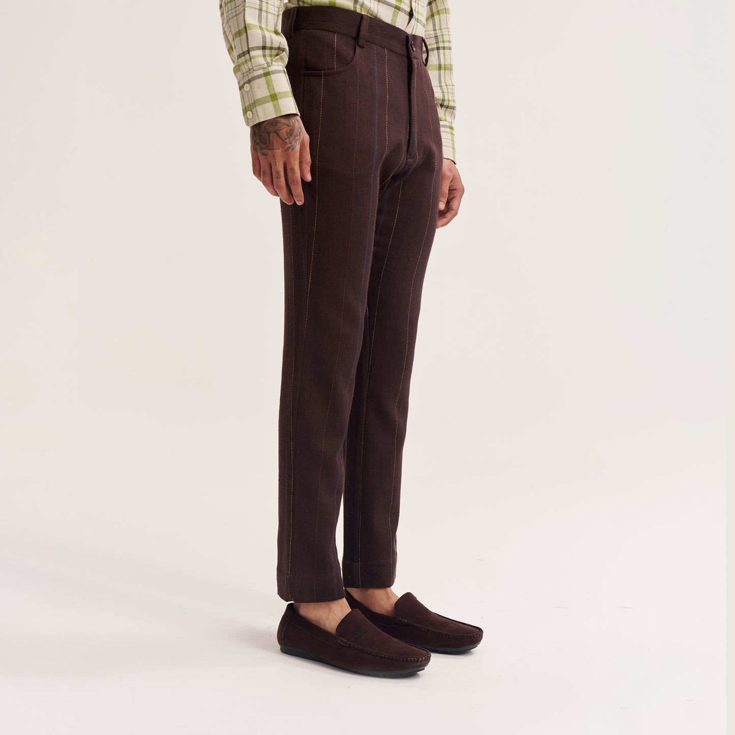 TAPERED FIT DARK BROWN MULTI COLOUR STRIPE HANDWOVEN COTTON TROUSERS