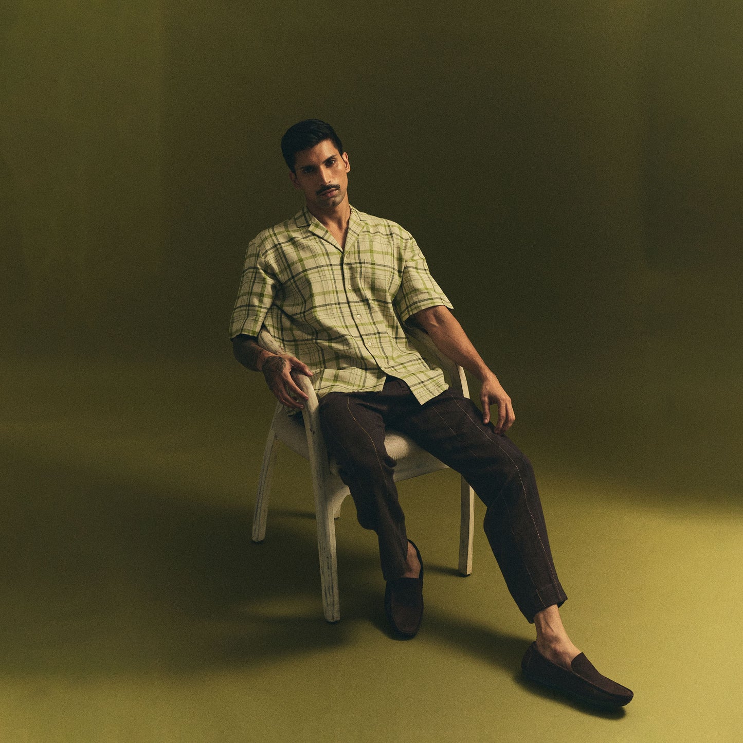 Relaxed fit off white and green check handwoven cotton shirt front view
