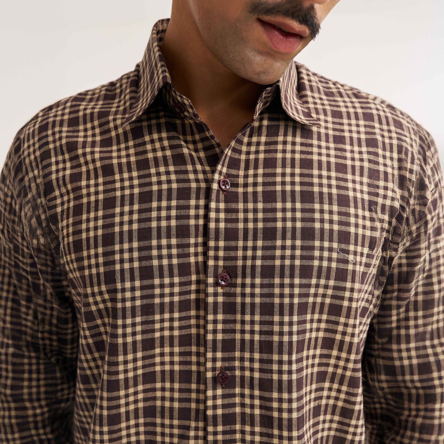 REGULAR FIT DARK BROWN CHECK COTTON SHIRT