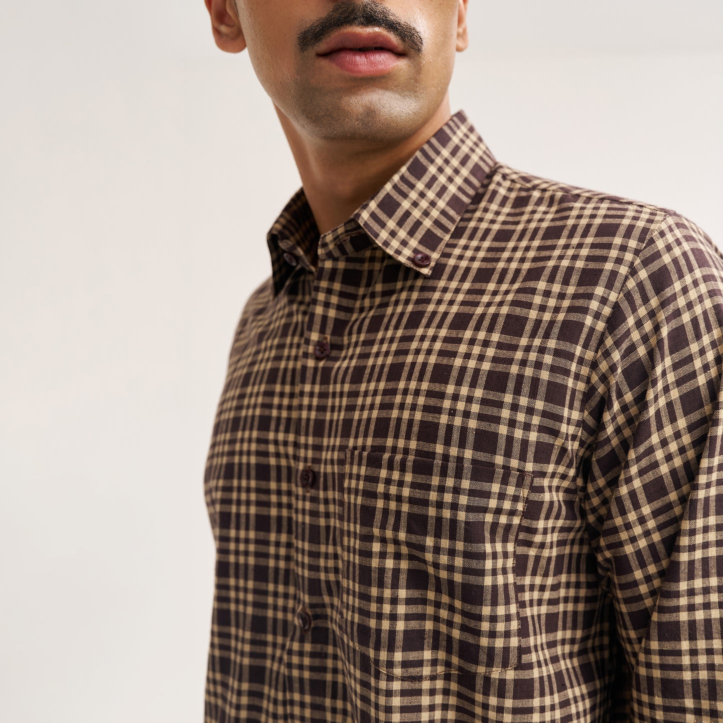 REGULAR FIT DARK BROWN CHECK COTTON SHIRT