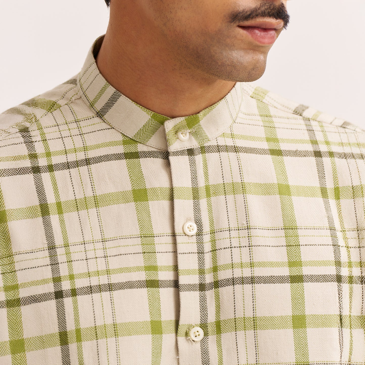 Casual check shirt with band collar in handwoven cotton
