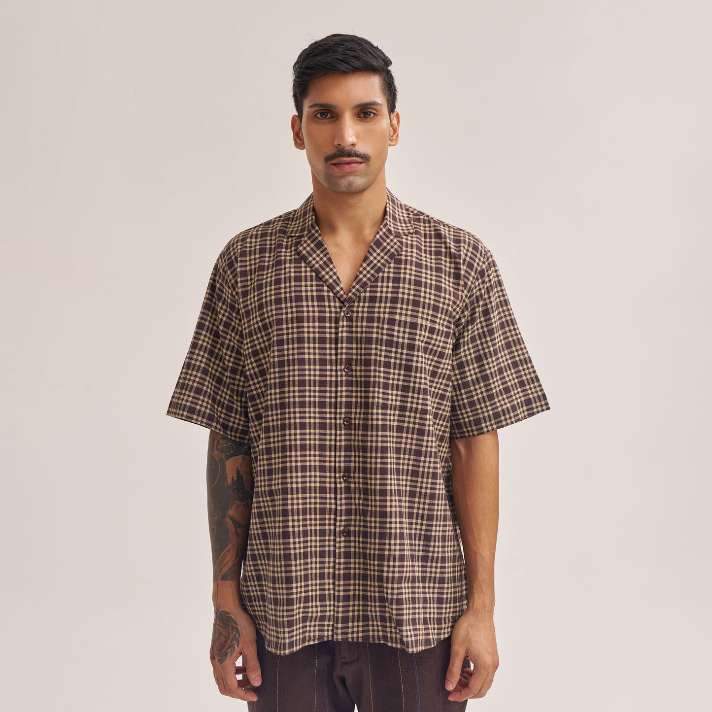 Relaxed fit dark brown check handwoven cotton shirt front view