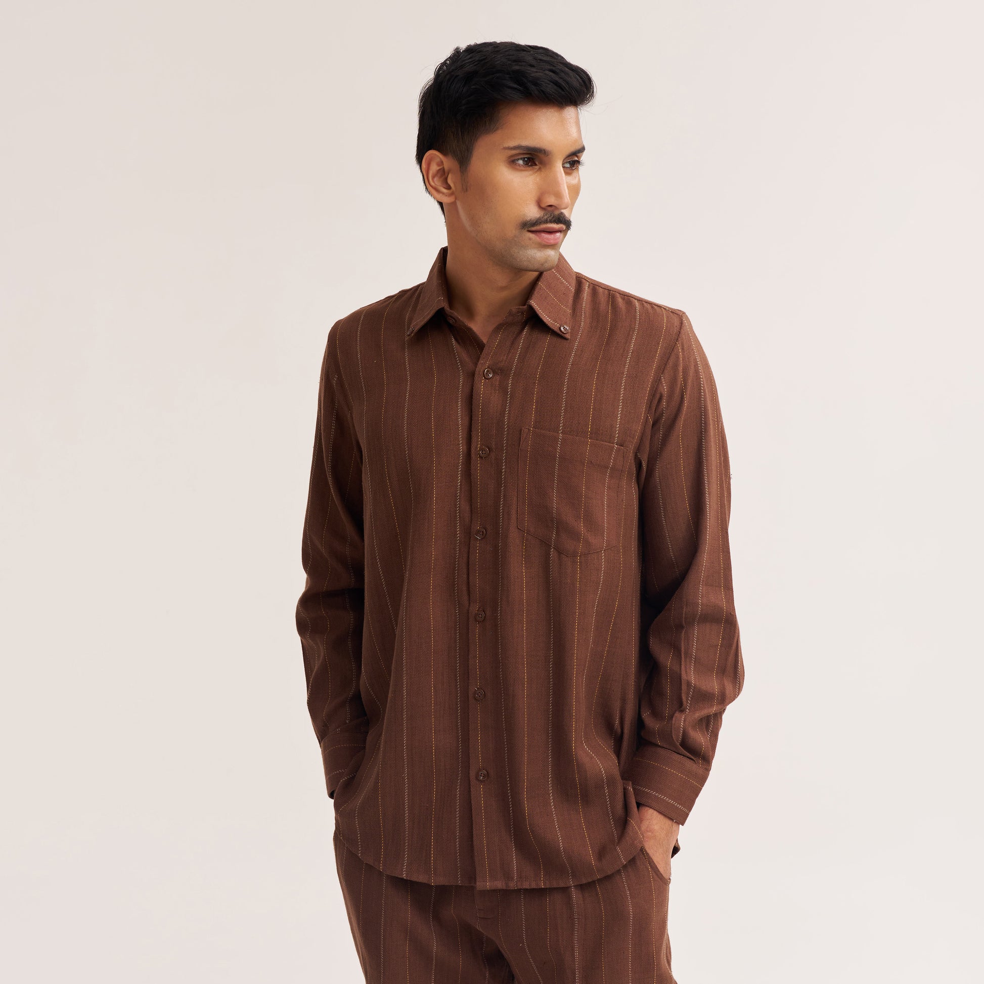 REGULAR FIT RUST BROWN MULTI COLOUR STRIPE HANDWOVEN COTTON SHIRT