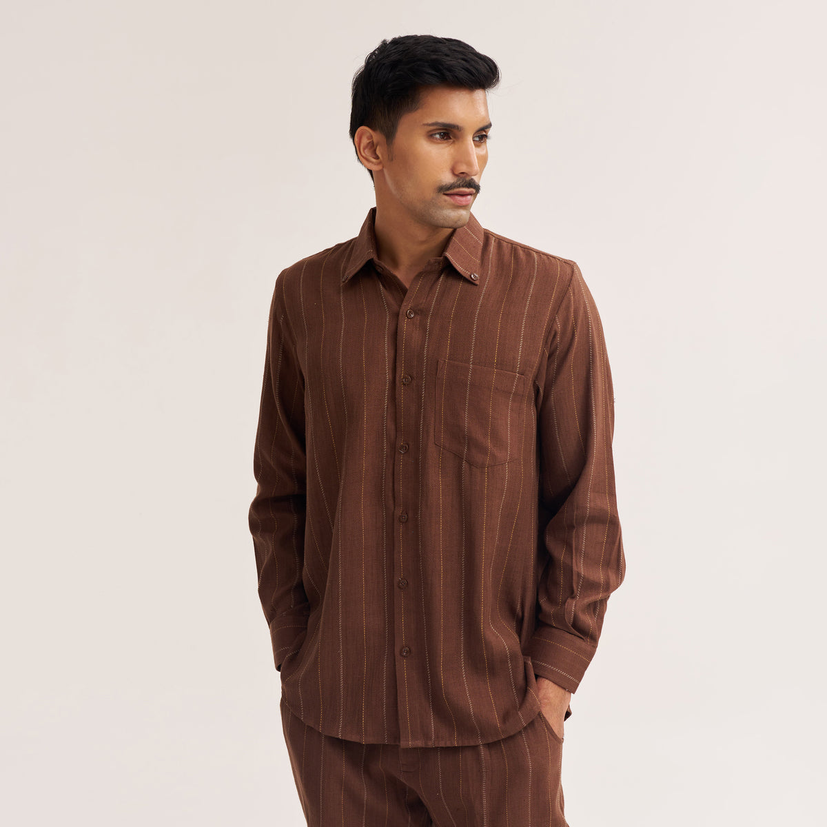 Regular Fit Rust Color Shirt in Brown Multi Colour Stripe Handwoven ...