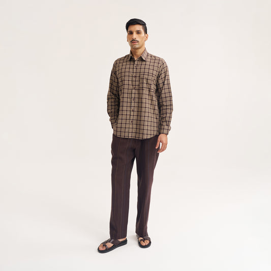 REGULAR FIT DARK BROWN CHECK COTTON SHIRT
