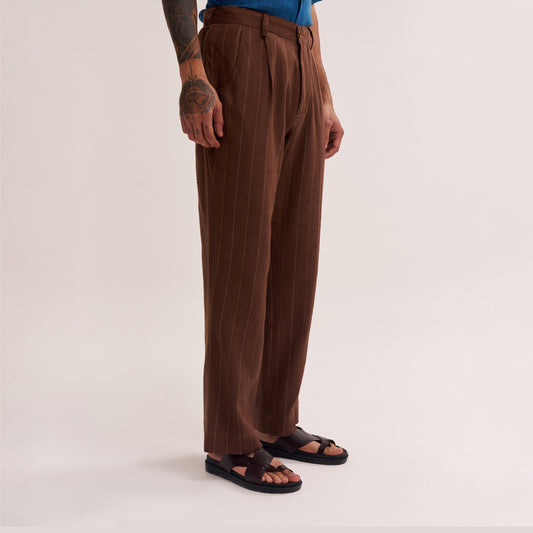 STRAIGHT-FIT RUST BROWN MULTI COLOUR STRIPES HANDWOVEN COTTON TROUSERS