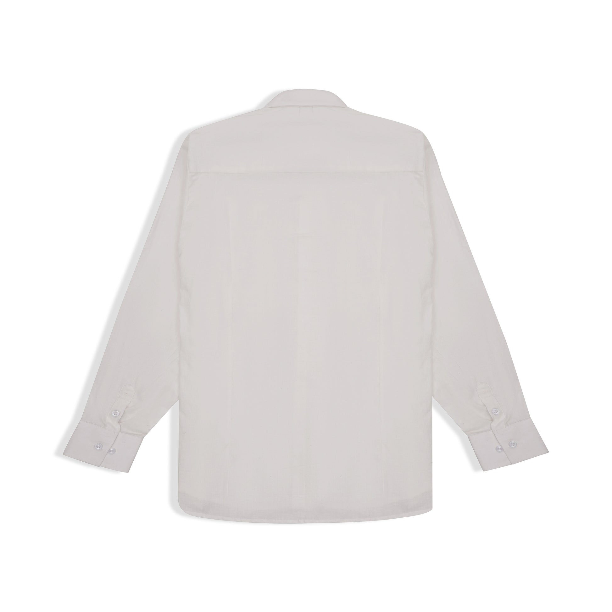 Side profile of white handwoven cotton shirt on model