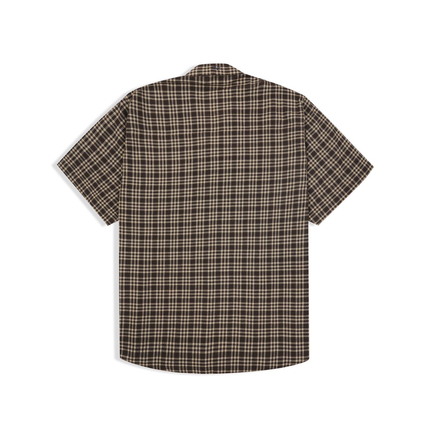 Side profile of dark brown check handwoven cotton shirt