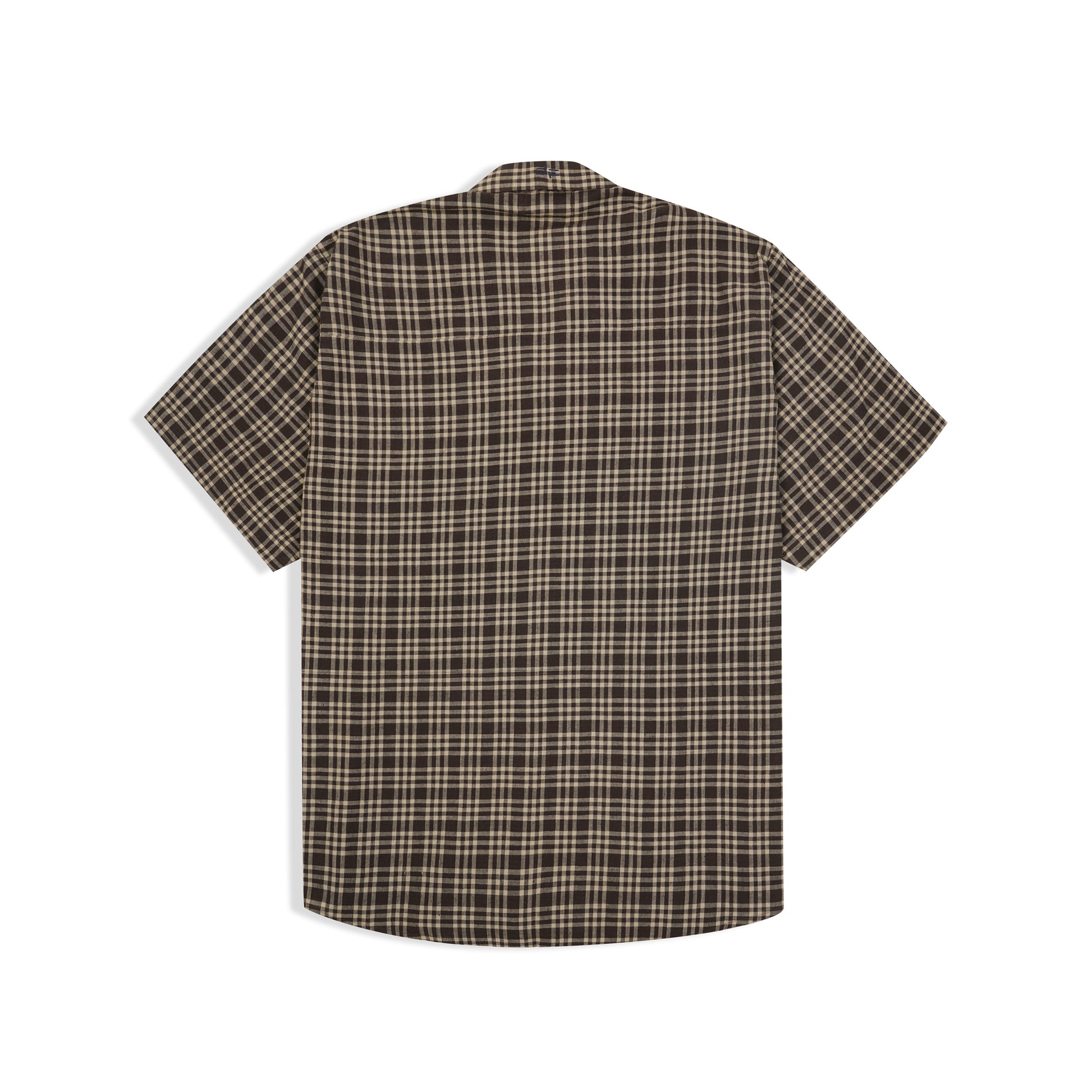 Side profile of dark brown check handwoven cotton shirt