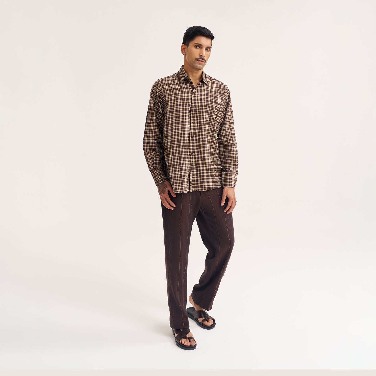 RELAXED FIT DARK BROWN CHECK HANDWOVEN COTTON SHIRT