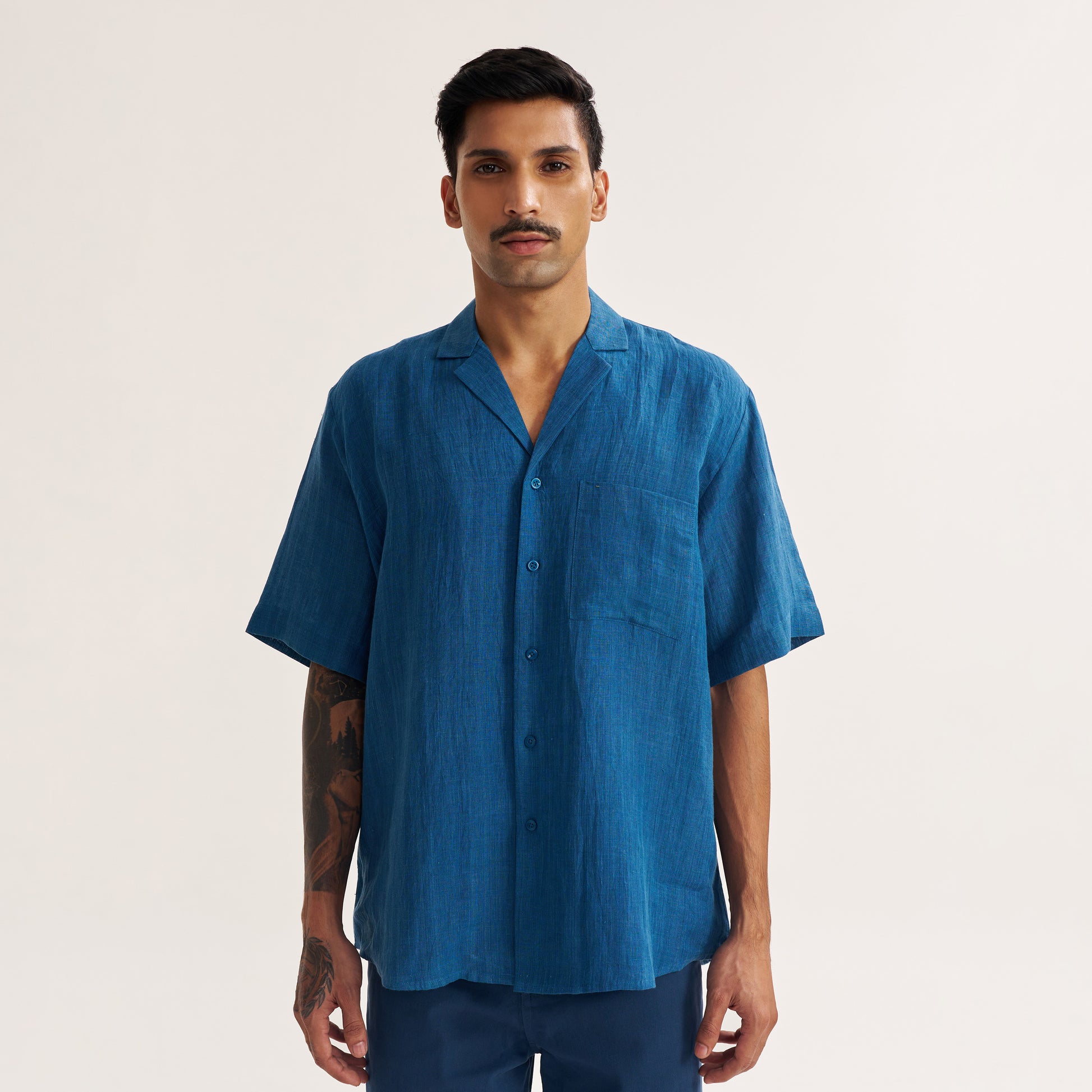 Relaxed Fit Indigo Linen Shirt With Notch Collar Prashasya Relaxed Fit Indigo Linen Shirt With Notch Collar Prashasya