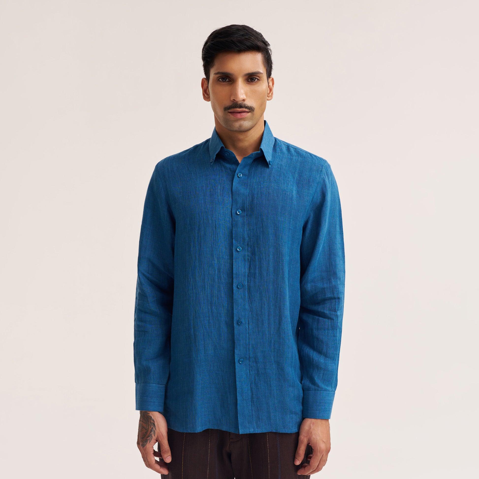 Slim fit indigo linen shirt front view